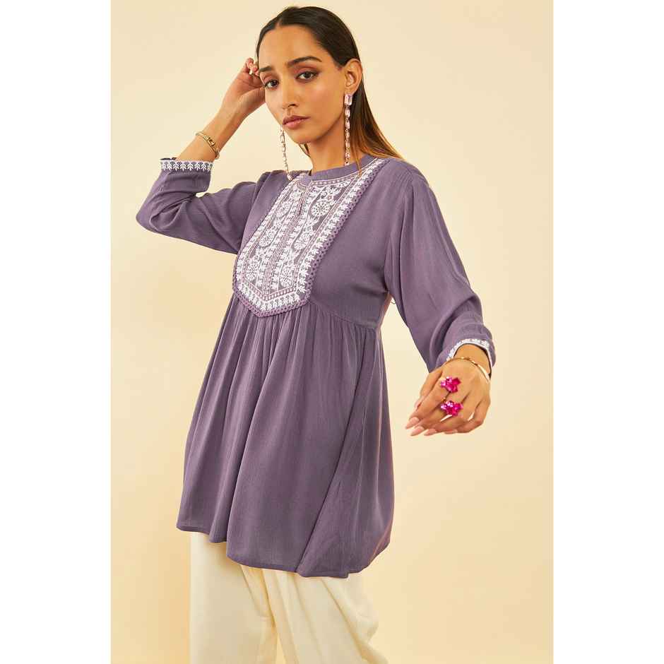 Soch Women's Purple Crepe Embroidered Tunic With Thread Work S