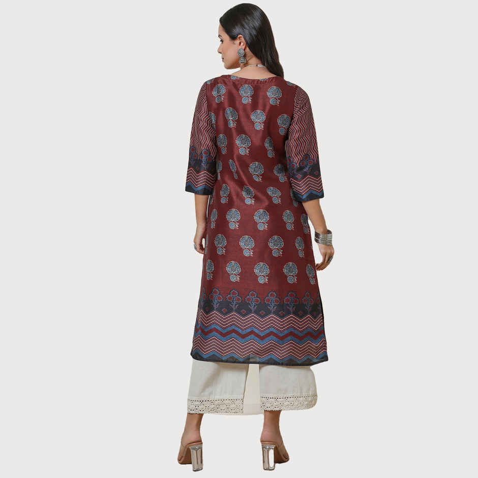 Soch Women's Maroon Silk Blend Floral Print Kurta | M