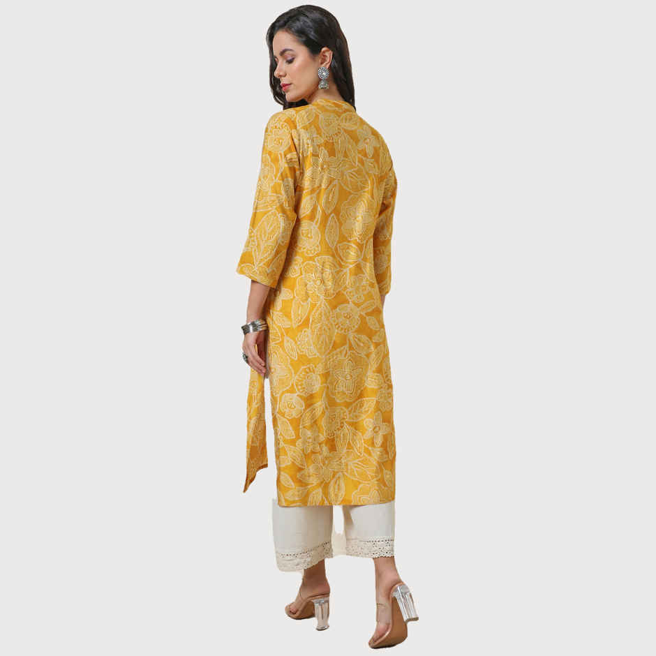 Soch Women's Yellow Viscose Blend Botanical Print Kurta | L