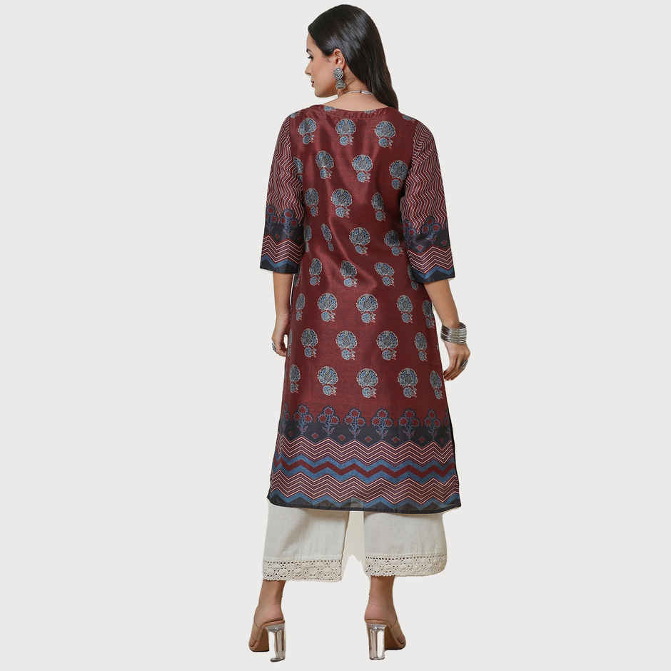 Soch Women's Maroon Silk Blend Floral Print Kurta | L