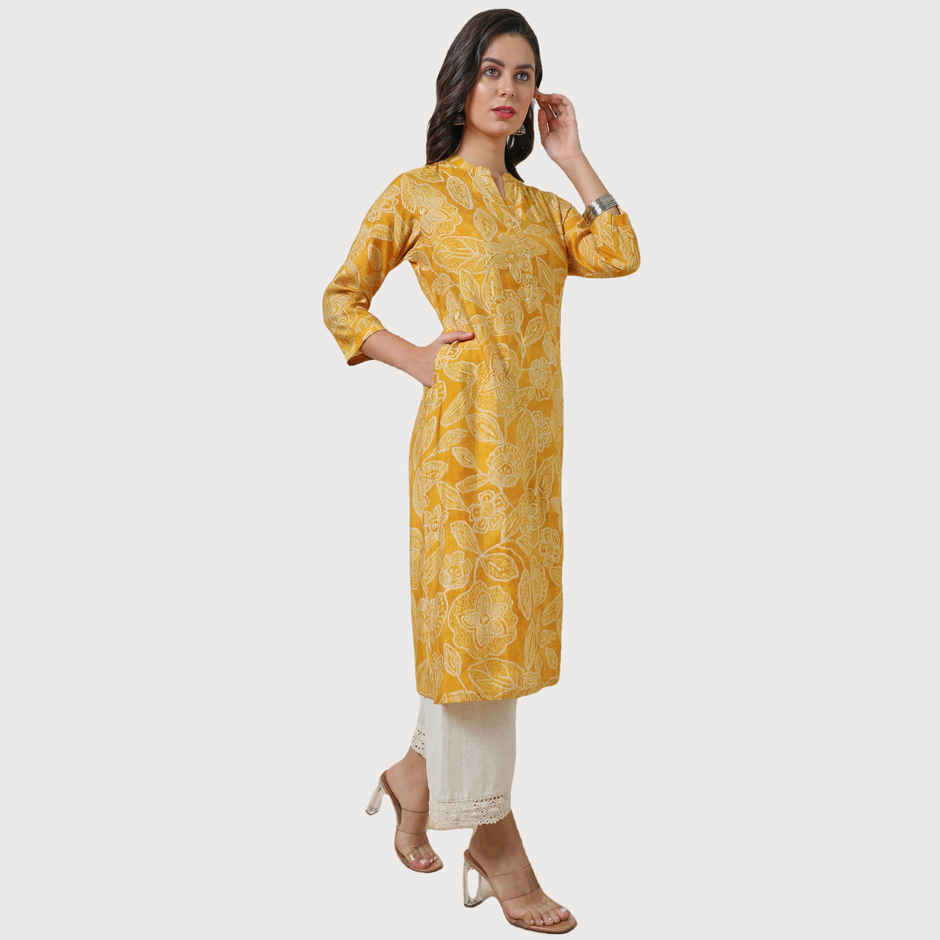 Soch Women's Yellow Viscose Blend Botanical Print Kurta | L
