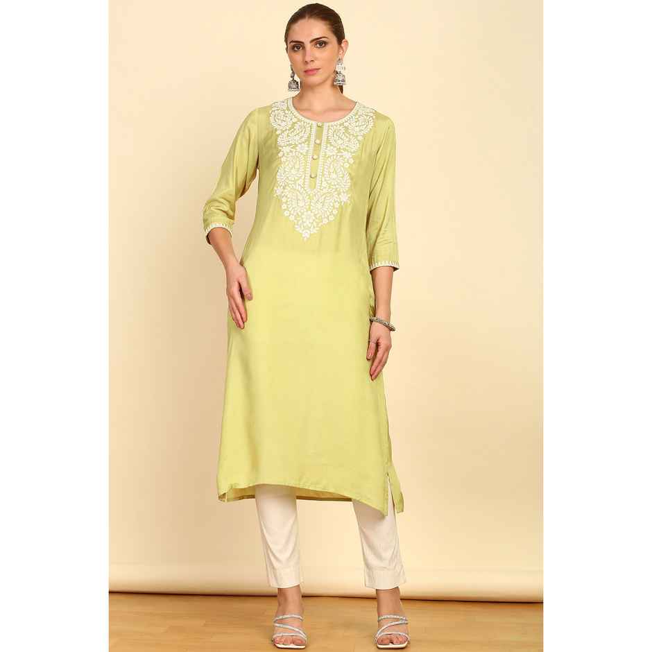 Soch Women's Green Solid With Yoke Embroidered Straight Muslin Kurta M