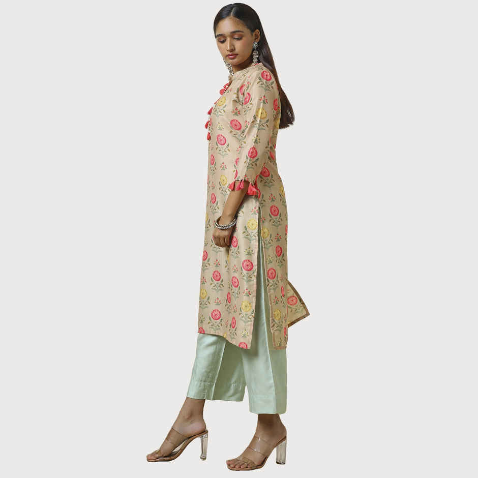 Soch Women's Beige Muslin Blend Floral Print Kurta With Tassels L