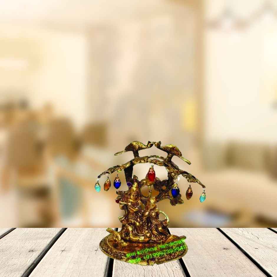 Radha Krishna Idol Under Emerald Stone Tree in Gold Polish | Devnidhi