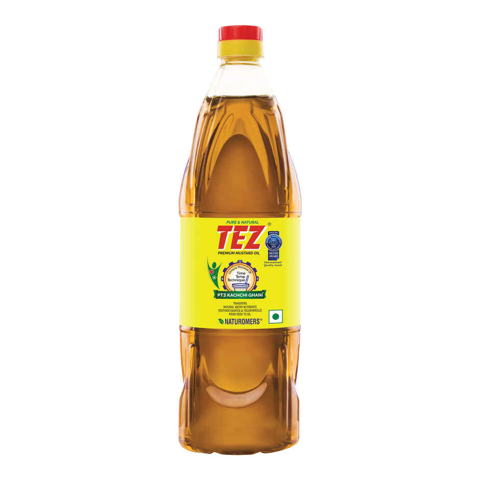Tez Mustard Oil  Pure & Natural PT3 Kachchi Ghani Sarson Ka Tel 1L Bottle