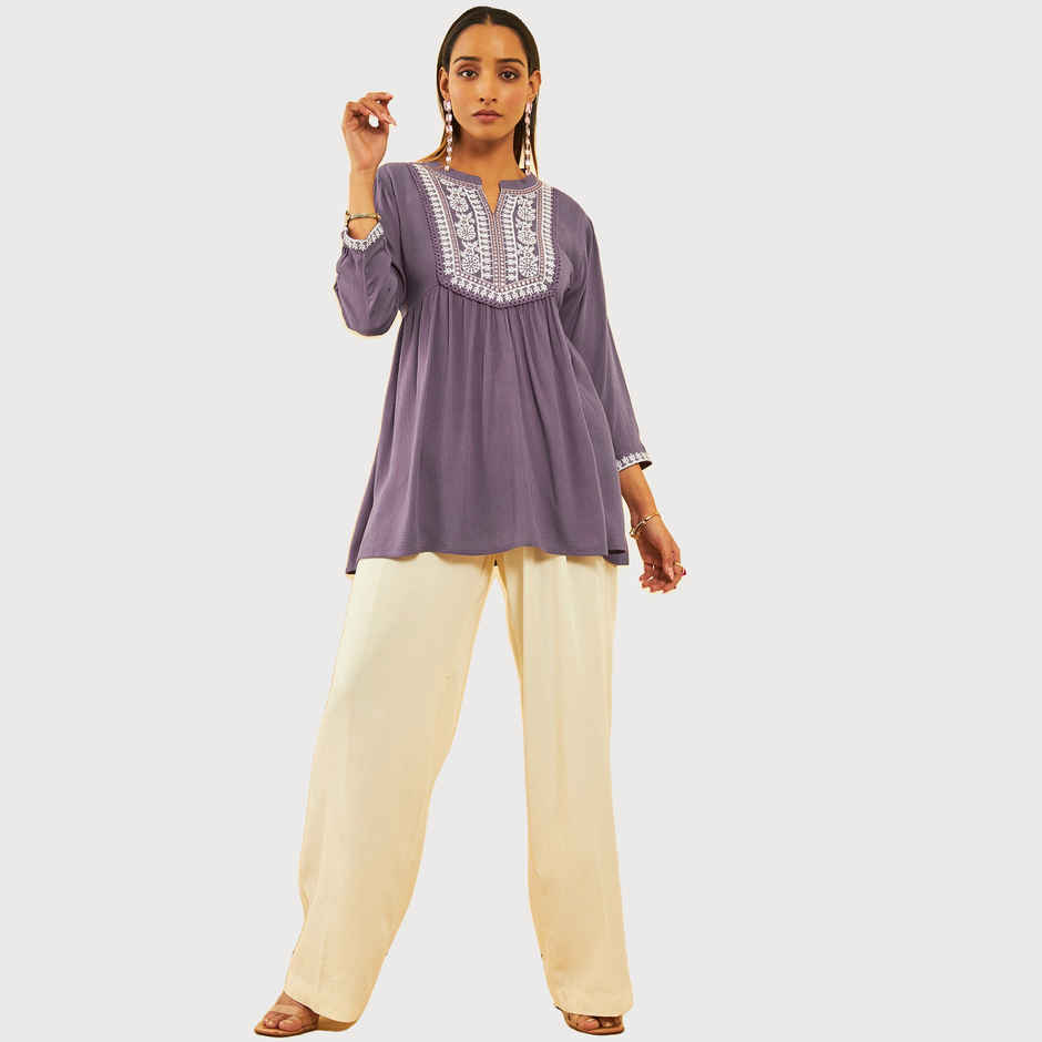 Soch Women's Purple Crepe Embroidered Tunic With Thread Work XS