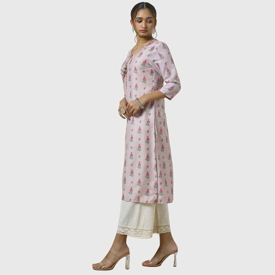 Soch Women's Peach Muslin Blend Floral Print Kurta With Faux Mirror | M