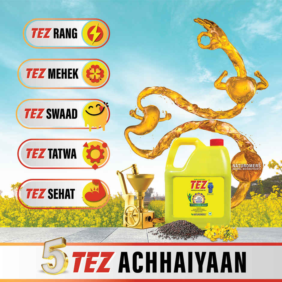 Tez Mustard Oil  Pure & Natural PT3 Kachchi Ghani Sarson Ka Tel 5L Jar