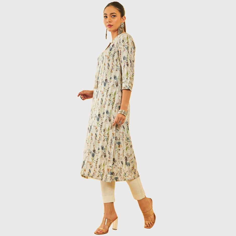 Soch Women's Off White Rayon Floral Print Kurta With Tassels S