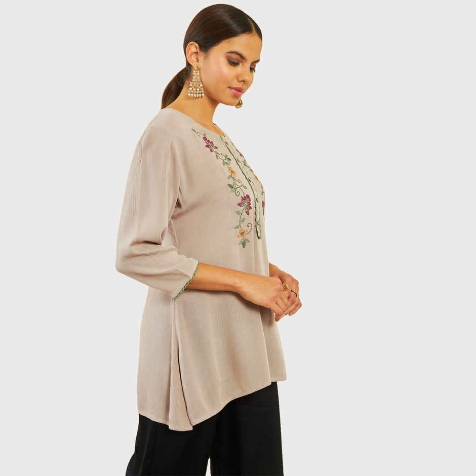 Soch Women's Beige Crepe Embroidered Tunic With Thread Work M