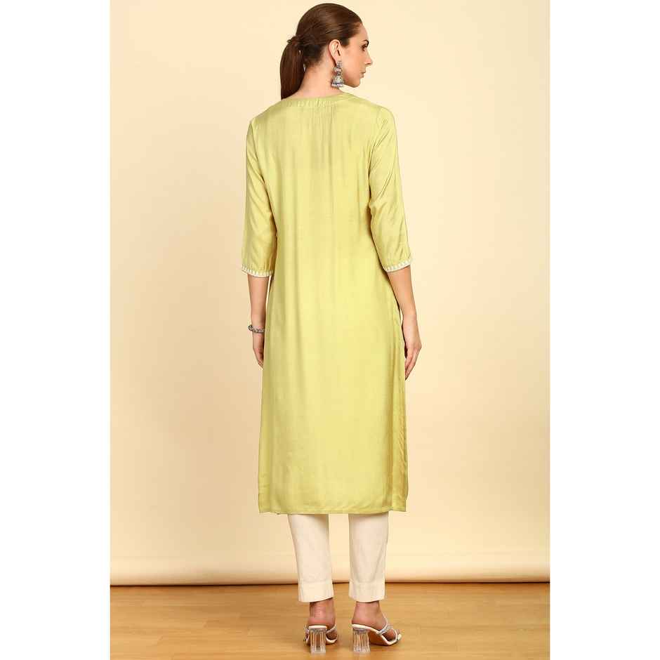 Soch Women's Green Solid With Yoke Embroidered Straight Muslin Kurta M