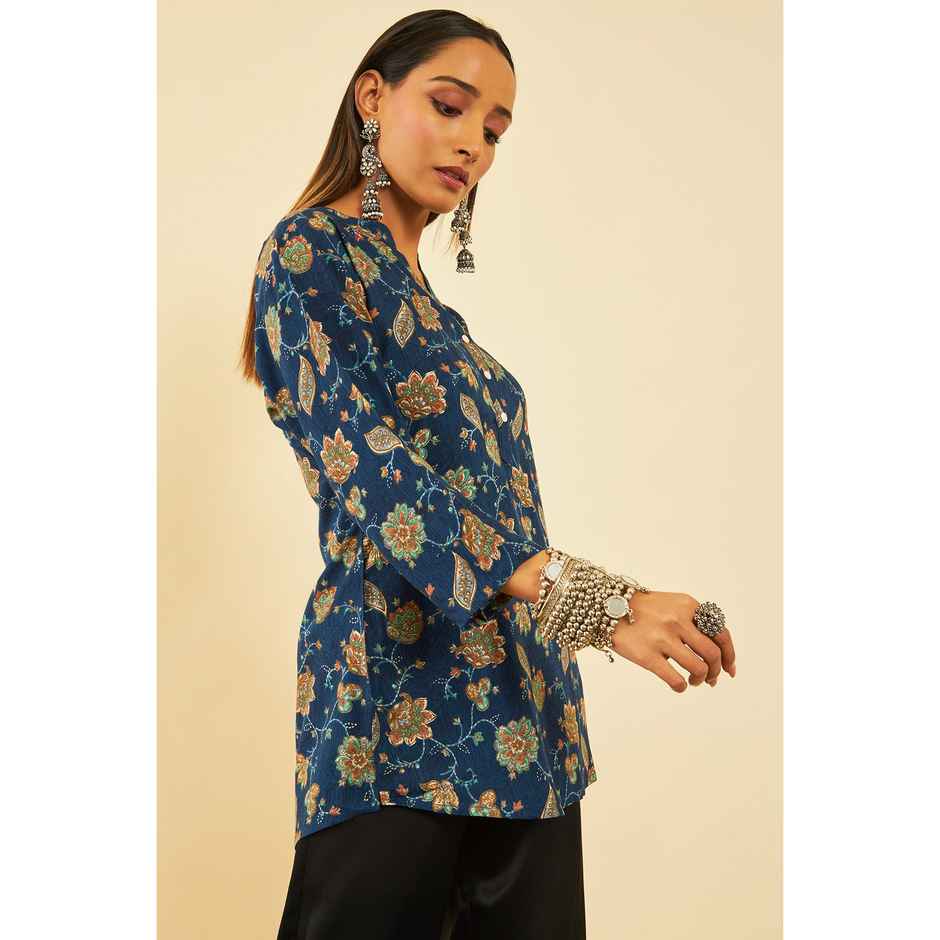 Soch Women's Navy Blue Rayon Floral Print Tunic XL