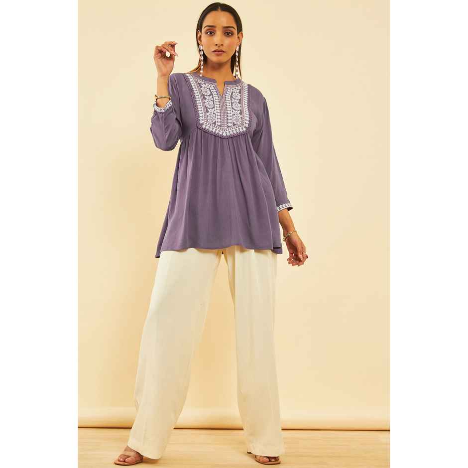 Soch Women's Purple Crepe Embroidered Tunic With Thread Work S