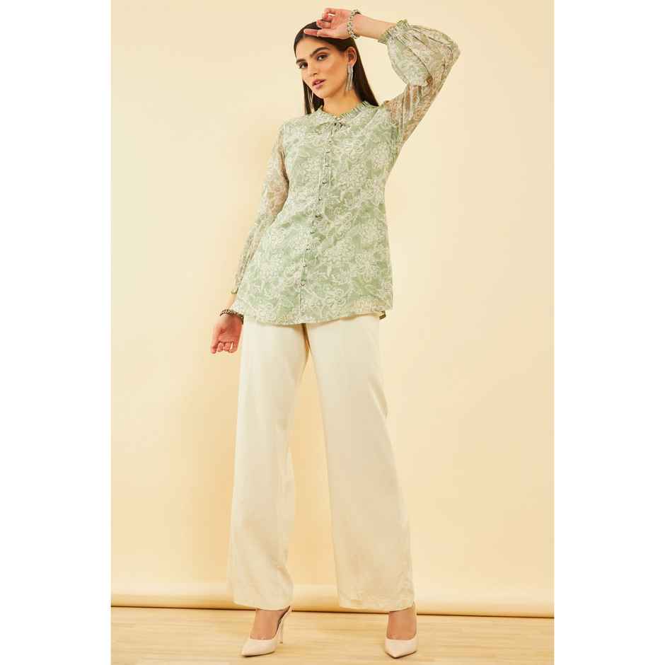 Soch Women's Sap Green Georgette Blend Floral Print Tunic S