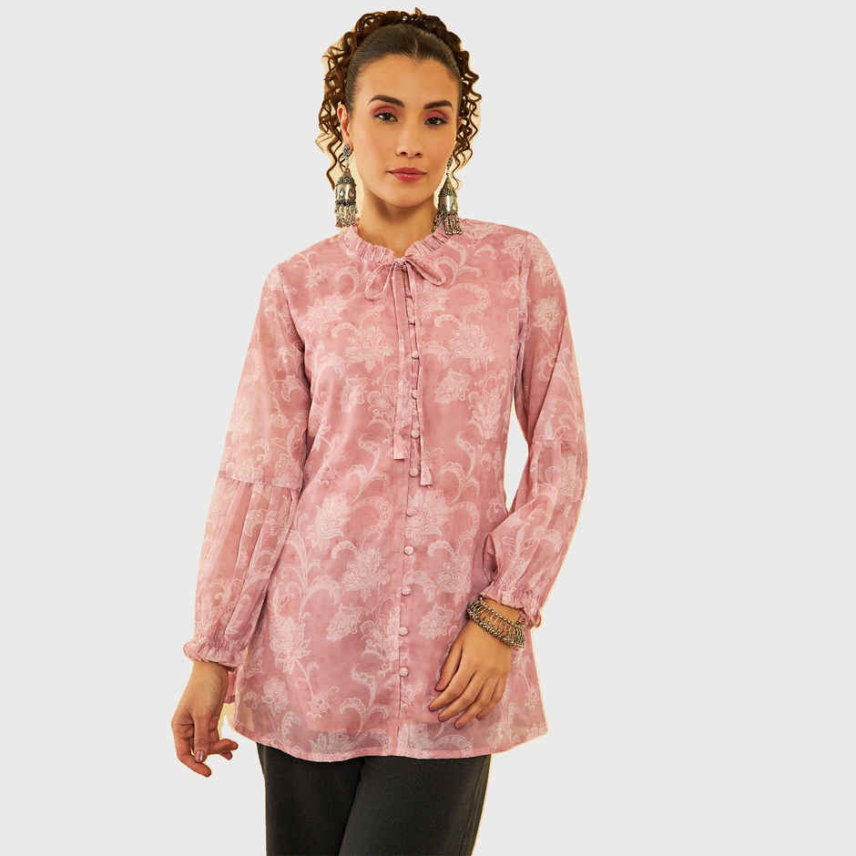 Soch Women's Peach Georgette Floral Print Tunic L