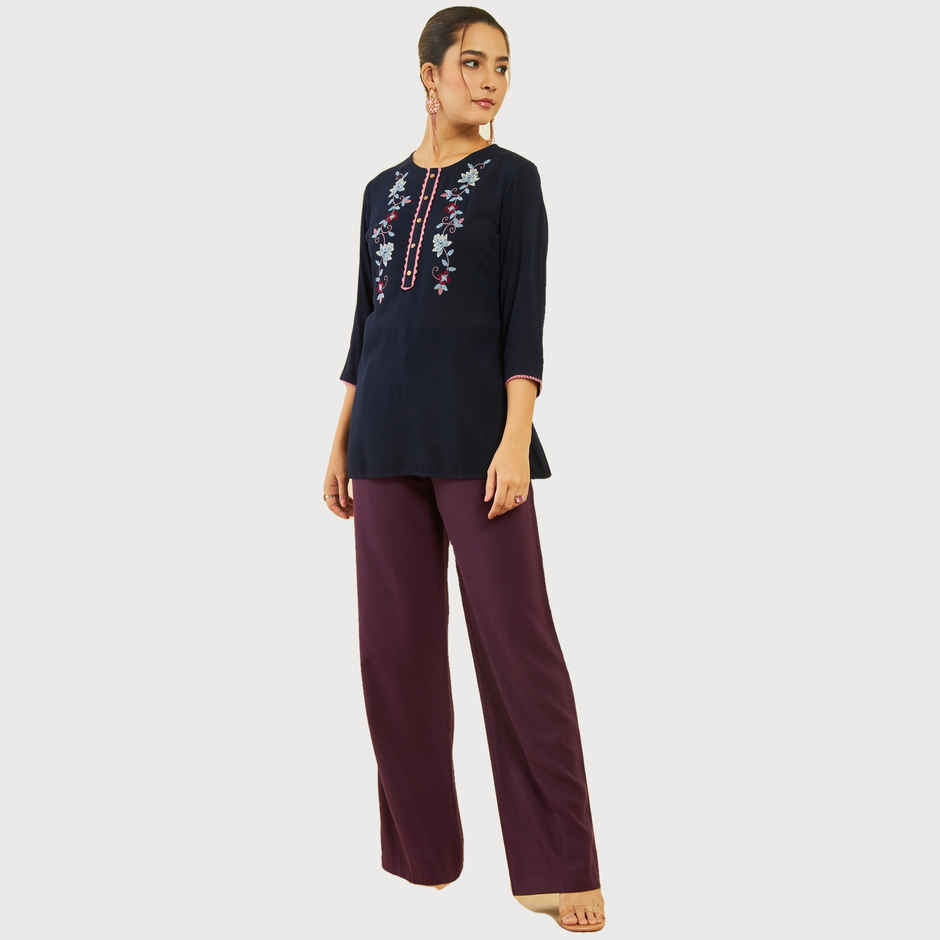 Soch Women's Navy Blue Crepe Embroidered Tunic With Thread Work XS