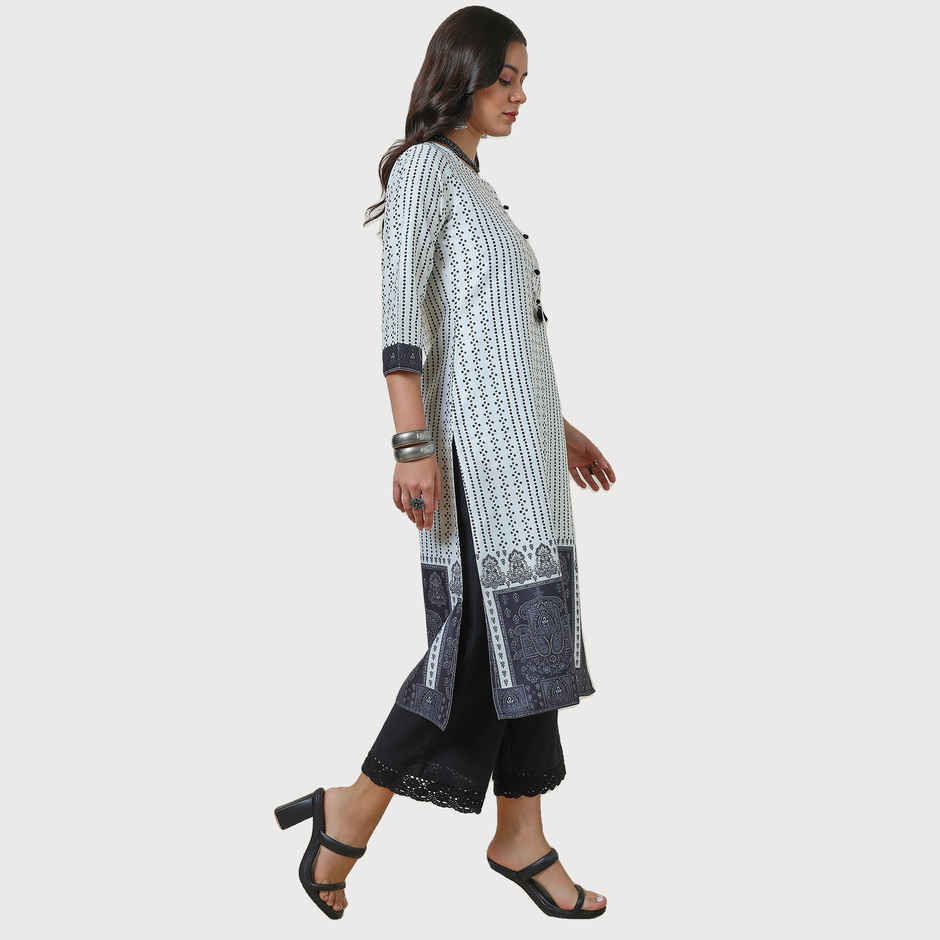Soch Women's Off White Bandhani Print Kurta With Tassels - L