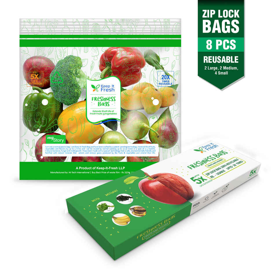 KEEP IT FRESH Reusable Zip Lock Bags | 2L, 2M, 4S | Extends Shelf life of Fruits & Vegetables