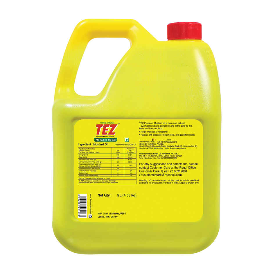 Tez Mustard Oil  Pure & Natural PT3 Kachchi Ghani Sarson Ka Tel 5L Jar