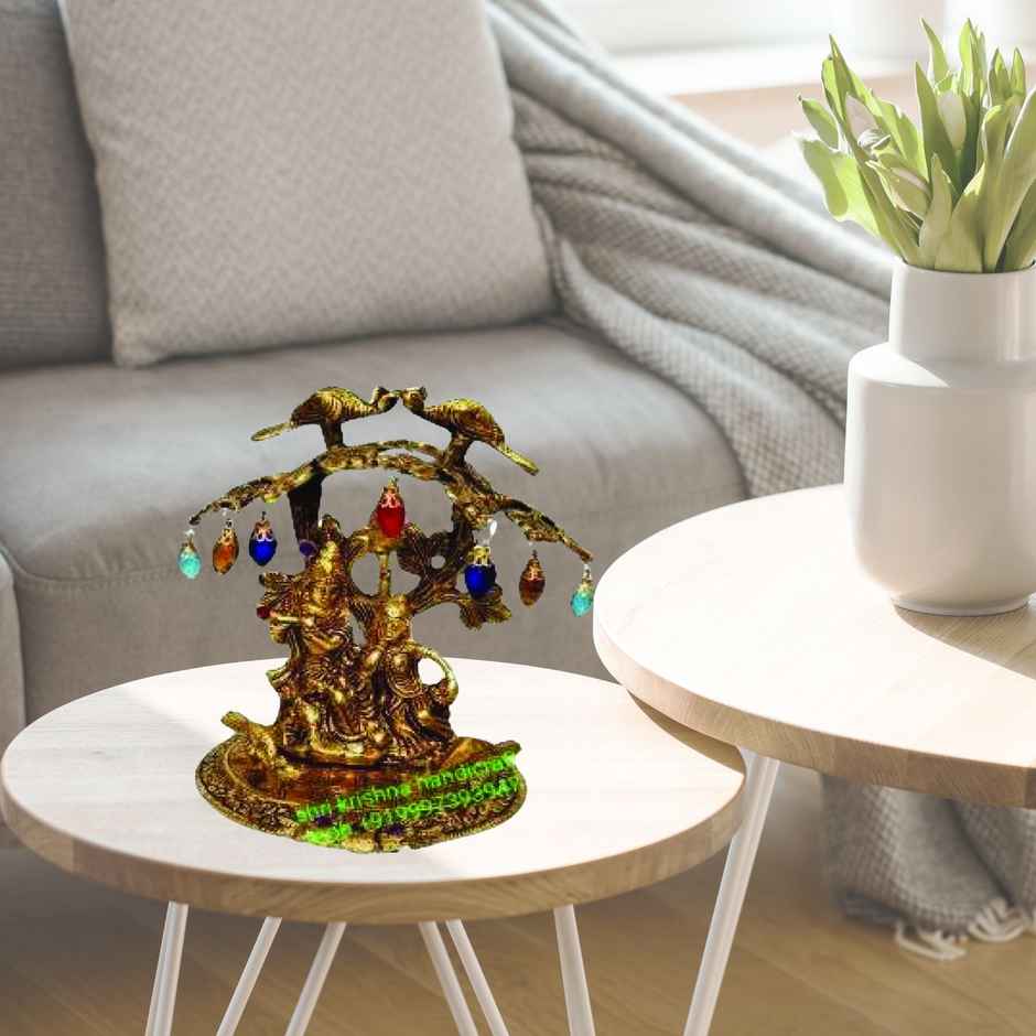 Radha Krishna Idol Under Emerald Stone Tree in Gold Polish | Devnidhi
