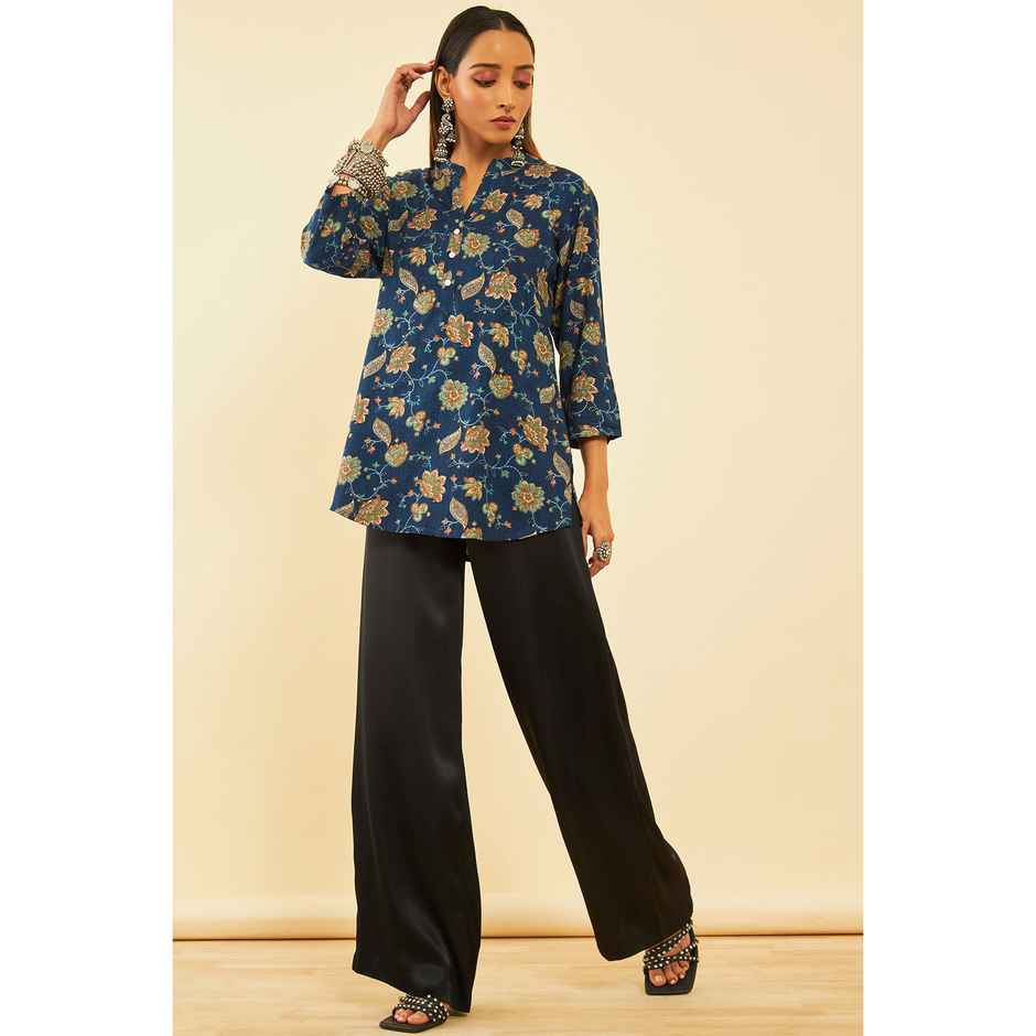 Soch Women's Navy Blue Rayon Floral Print Tunic XL