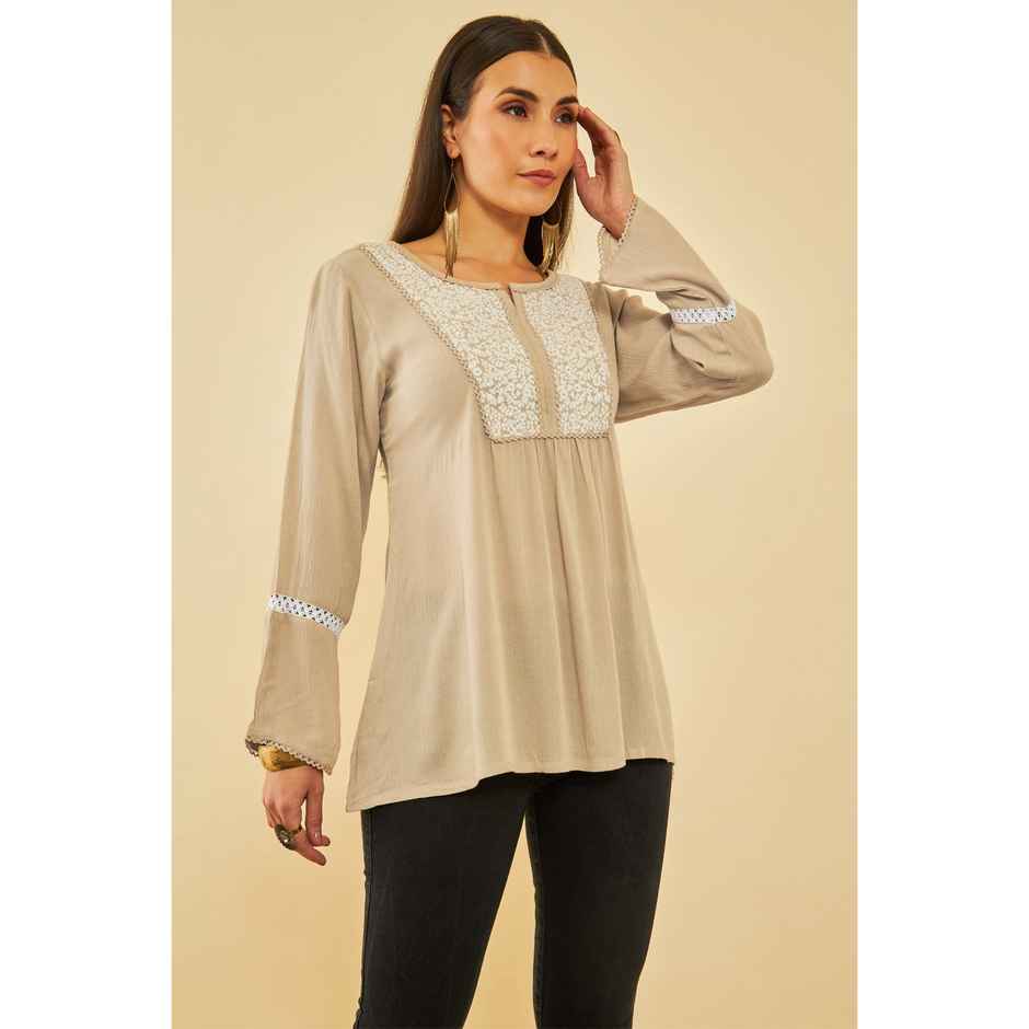 Soch Women's Beige Crepe Embroidered Tunic With Thread Work L