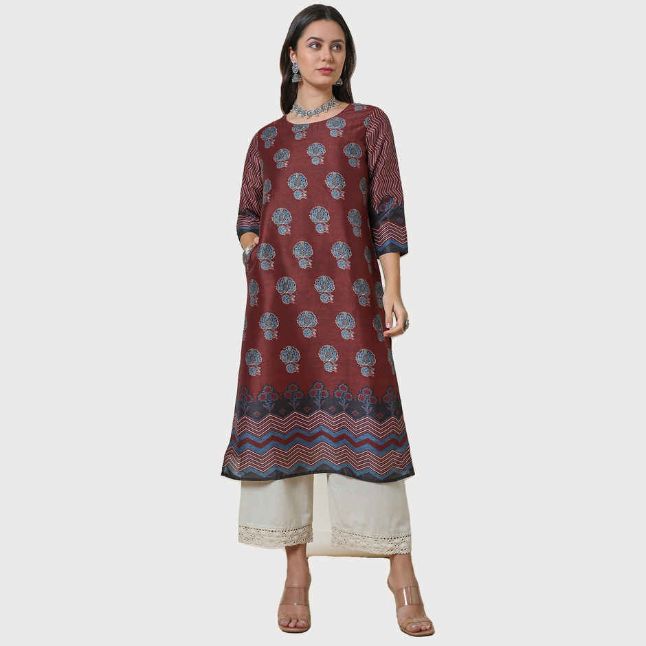 Soch Women's Maroon Silk Blend Floral Print Kurta | M