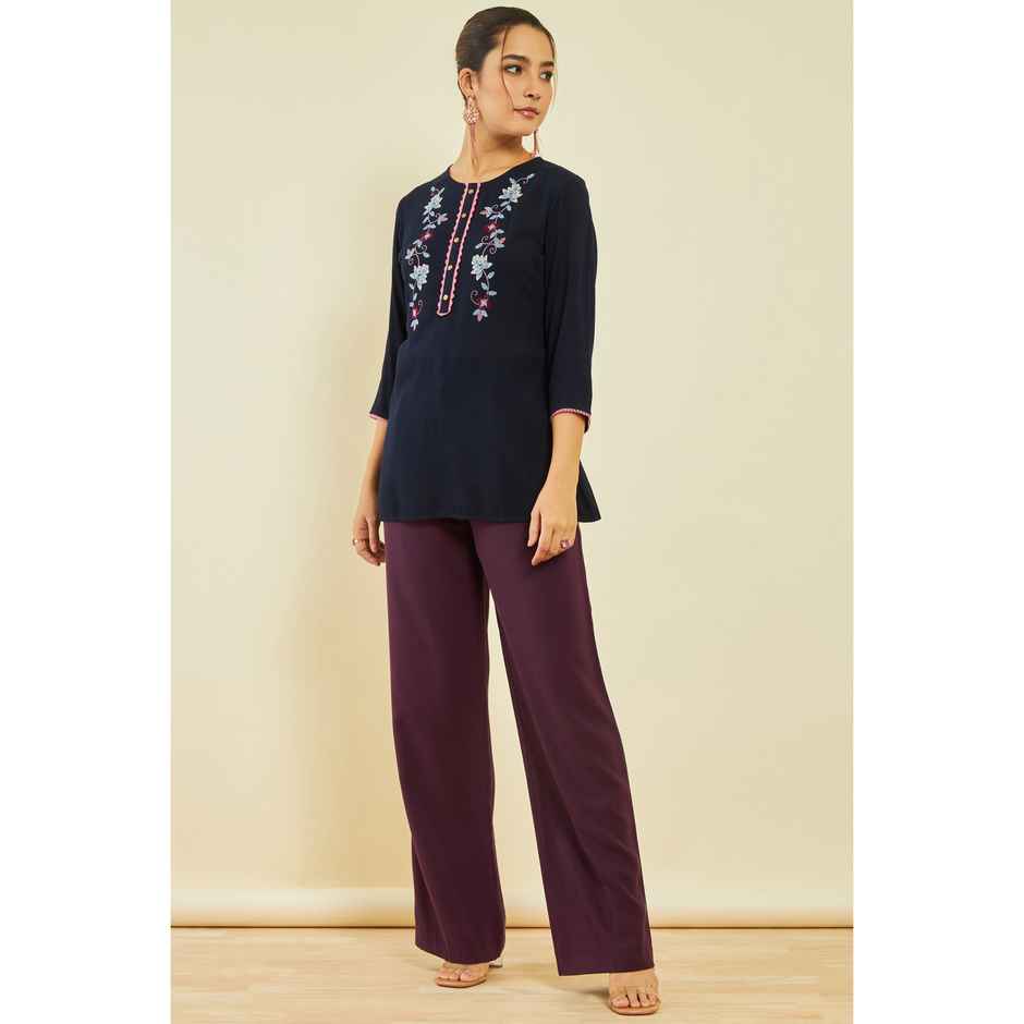 Soch Women's Navy Blue Crepe Embroidered Tunic With Thread Work M