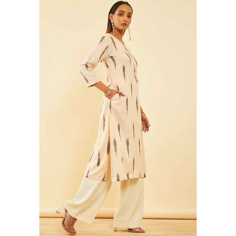 Soch Women's Beige Cotton Ikat Print Kurta With Sequins L