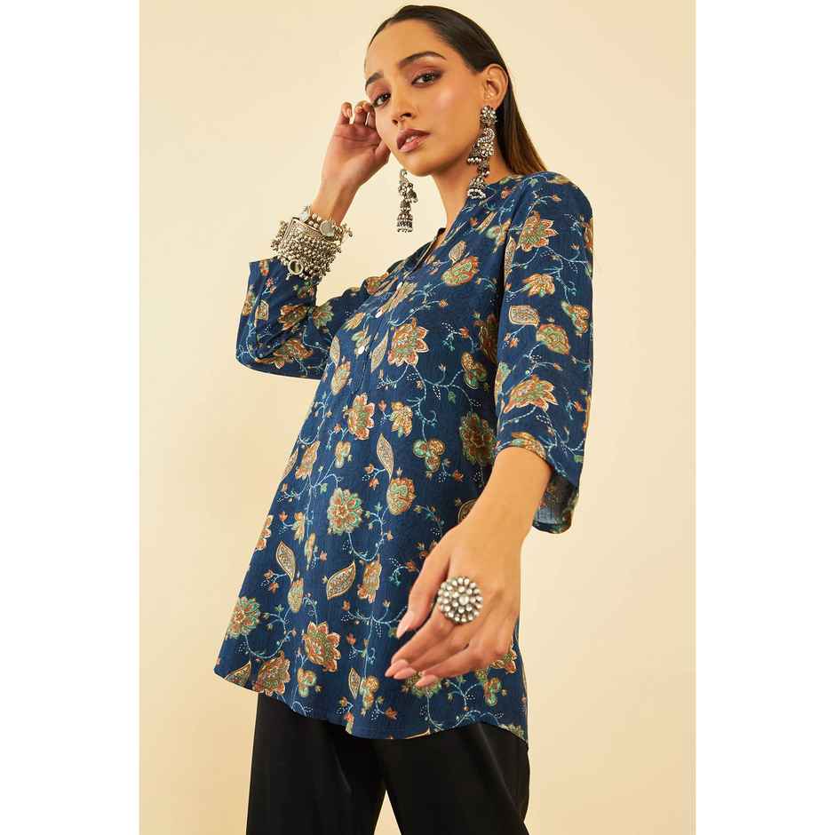 Soch Women's Navy Blue Rayon Floral Print Tunic XL