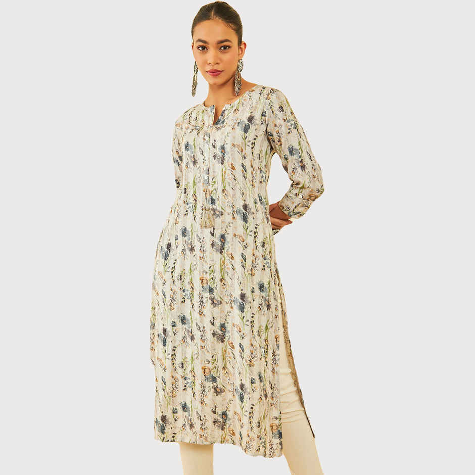 Soch Women's Off White Rayon Floral Print Kurta With Tassels S