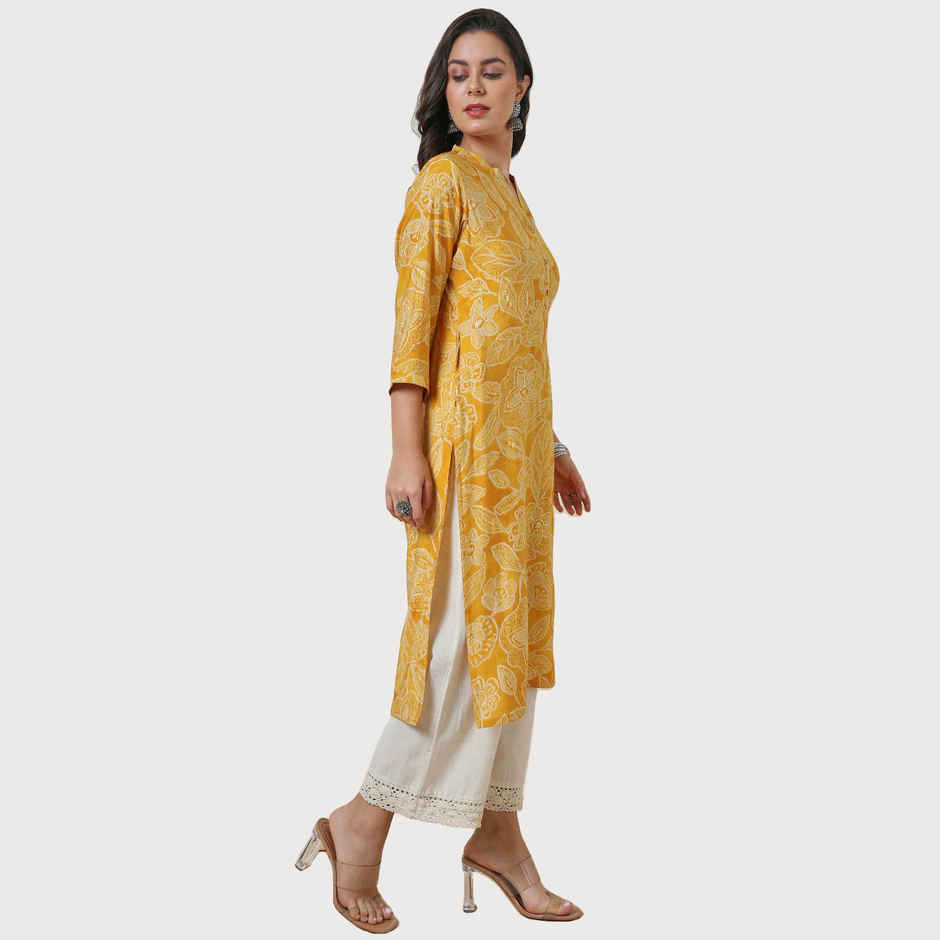 Soch Women's Yellow Viscose Blend Botanical Print Kurta | L