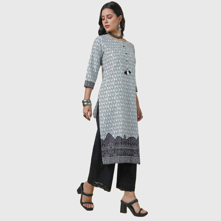 Soch Women's Bandhani Print Kurta With Tassels | Off White | M