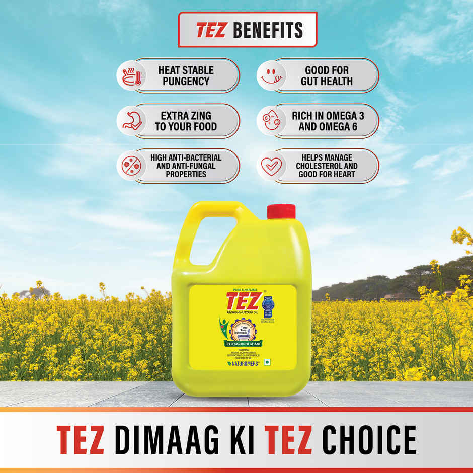 Tez Mustard Oil  Pure & Natural PT3 Kachchi Ghani Sarson Ka Tel 5L Jar