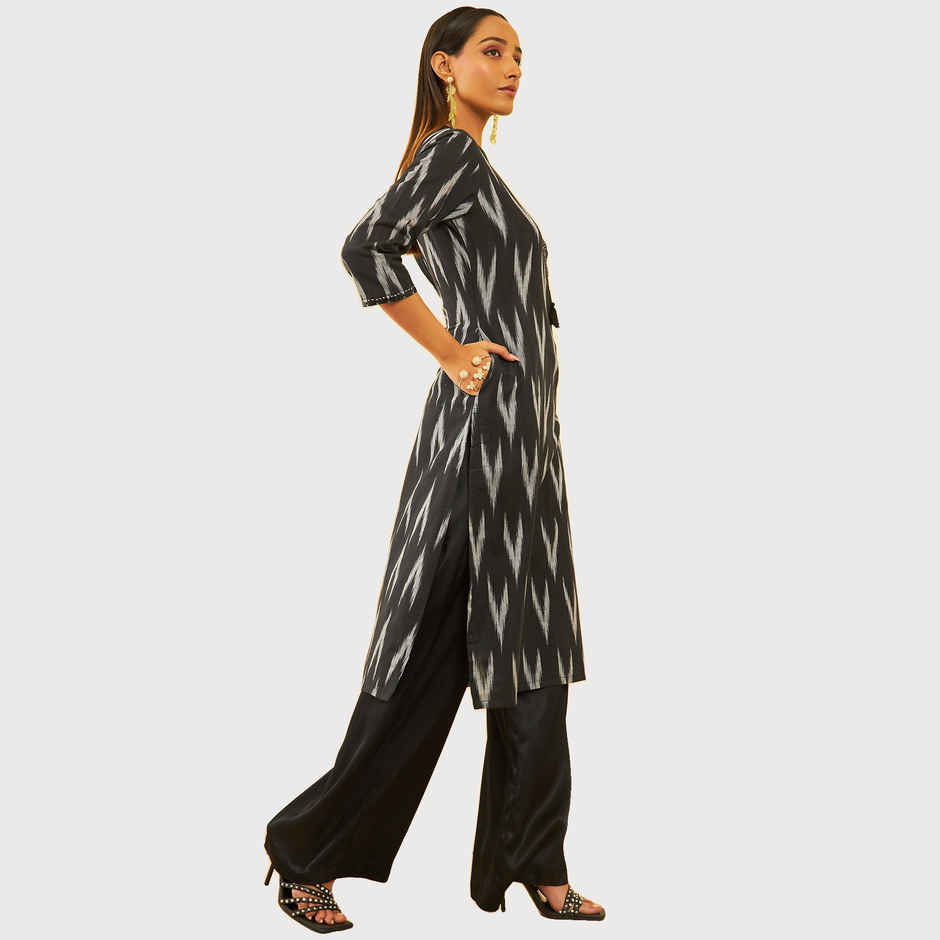 Soch Women's Black Cotton Ikat Print Kurta With Sequins L