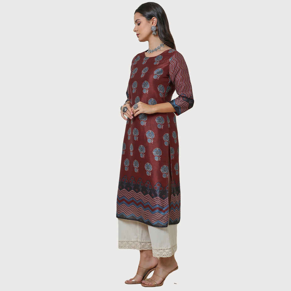 Soch Women's Maroon Silk Blend Floral Print Kurta | M