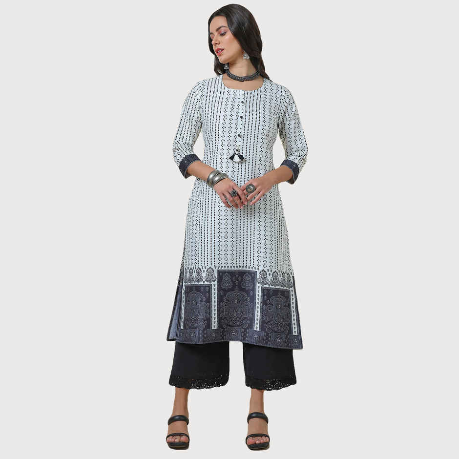 Soch Women's Off White Bandhani Print Kurta With Tassels - M