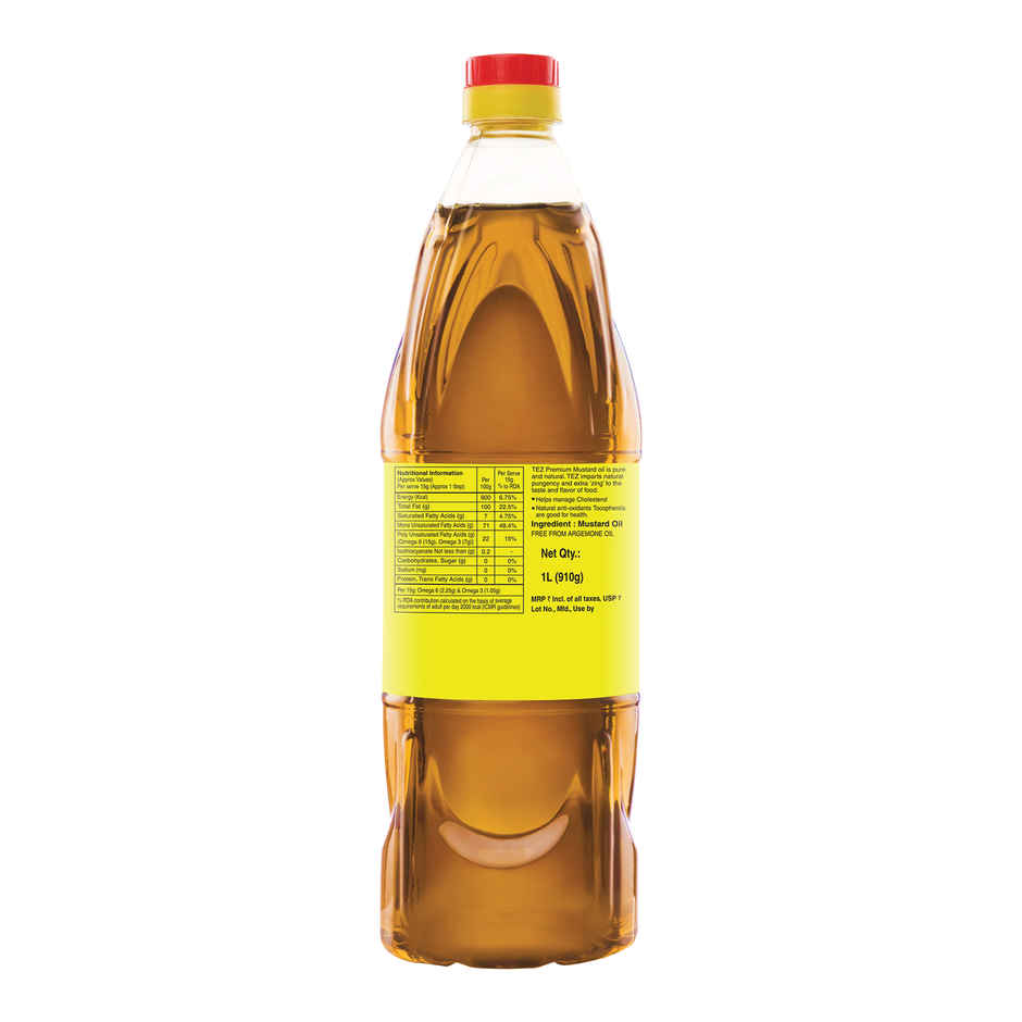 Tez Mustard Oil  Pure & Natural PT3 Kachchi Ghani Sarson Ka Tel 1L Bottle