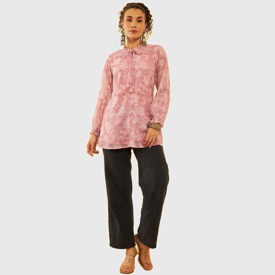 Soch Women's Peach Georgette Floral Print Tunic L