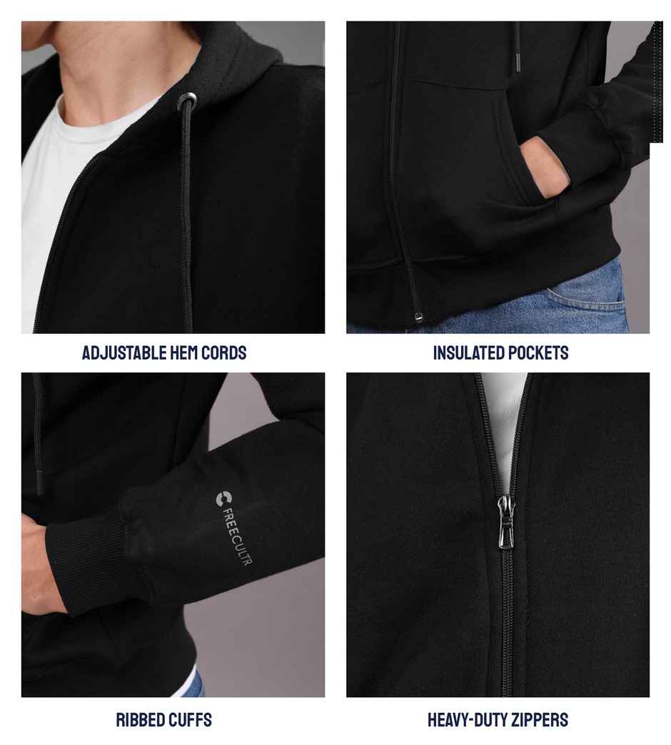 FREECULTR Men's Zipper | Cotton Fleece | Relaxed Fit Hoodie - Black - L