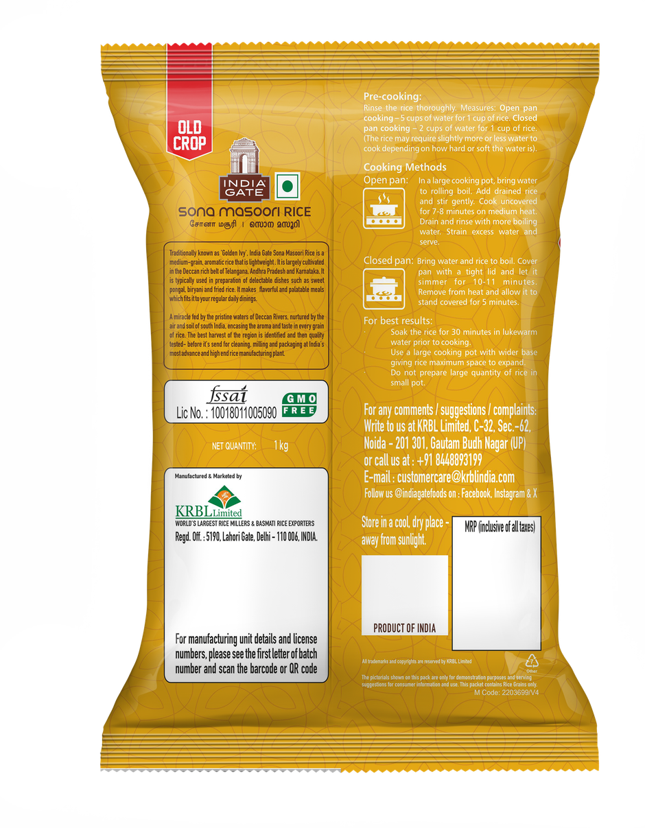 India Gate Sona Masoori Old Crop | Aged Rice