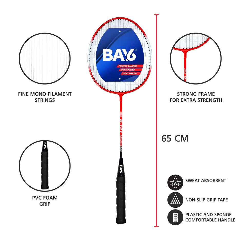 BAY6 B-101 Badminton Kit | 2 Rackets with Full Cover | 1 Box Feather Shuttlecock Pack of 3 | Red