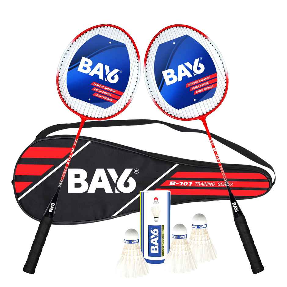 BAY6 B-101 Badminton Kit | 2 Rackets with Full Cover | 1 Box Feather Shuttlecock Pack of 3 | Red