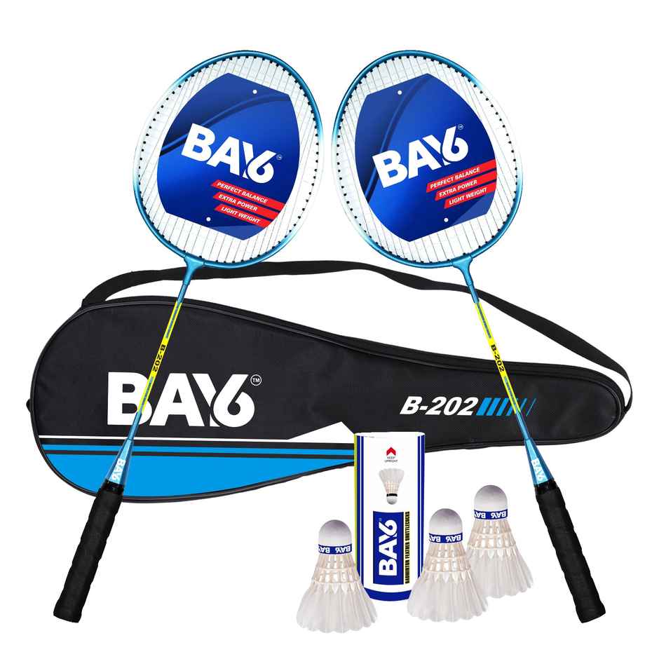 BAY6 B-202 Aluminium Badminton Kit | 2 Rackets with Full Cover | 1 Box Feather Shuttlecock Pack of 3
