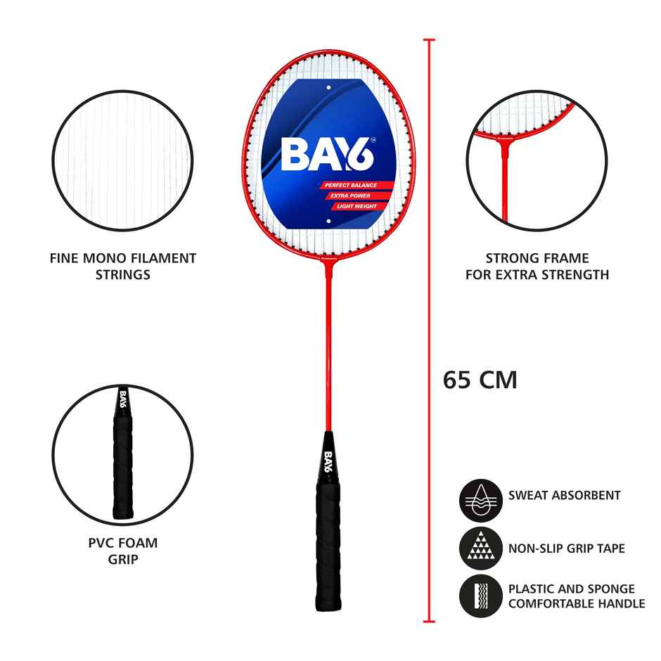 BAY6 Smash Badminton Kit | 2 Badminton Rackets + 3 Pcs Plastic Shuttle | Red-Black