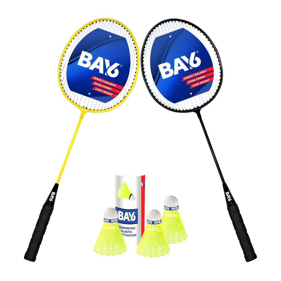 BAY6 Smash Badminton Kit (2 Rackets, 3 Plastic Shuttlecocks) | Yellow-Black