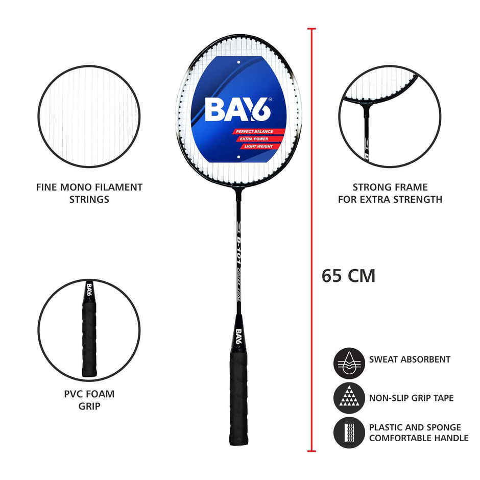 BAY6 B-101 Badminton Kit 2 Rackets, 1 Full Cover& 1 Box Feather Shuttlecocks Pack of 3 | Black