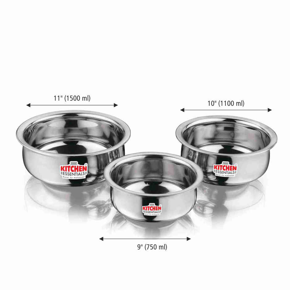 Kitchen Essentials Flat Bottom 3 Pcs Handi Set Size (9"To11")