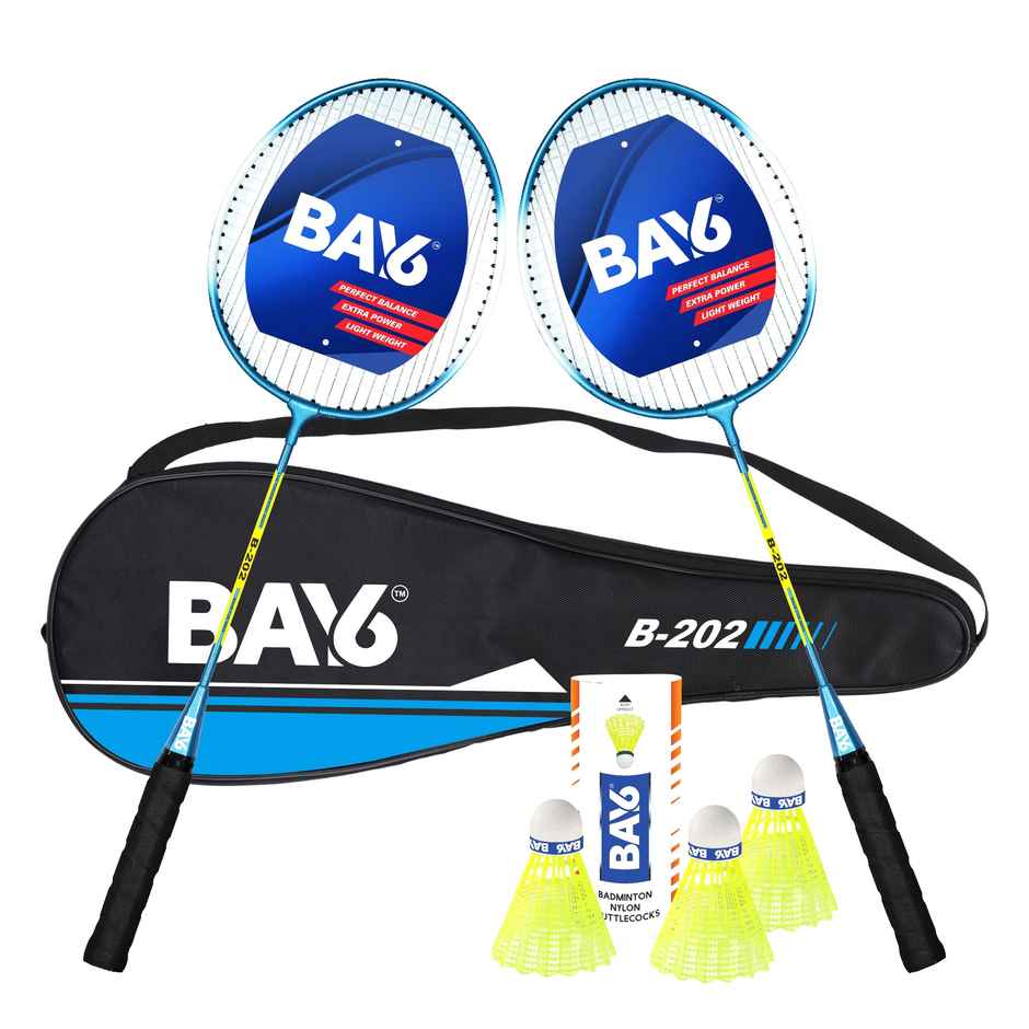 BAY6 B-202 Aluminium Badminton Kit | 2 Rackets with Full Cover | 1 Box Nylon Shuttlecock Pack of 3