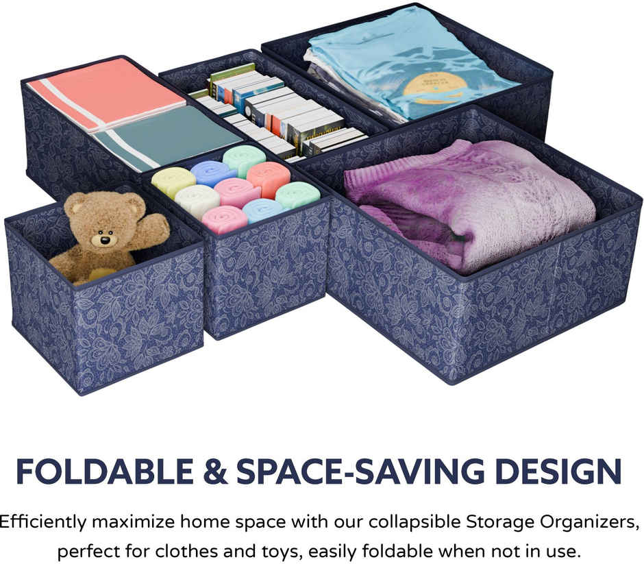 Kuber Industries Non-Woven 6 Piece Flower Drawer Storage Organizer For Socks | Bra | Tie|Navy Blue